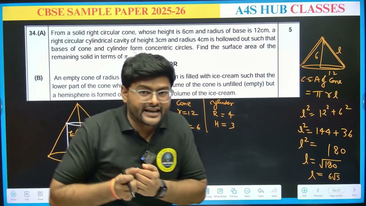 34 An empty cone of radius 3 cm and height 12 cm is filled with ice-cream such that the lower part