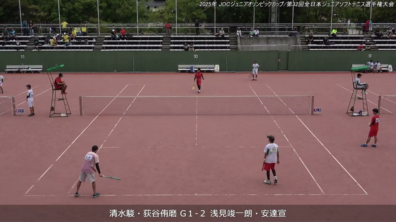 2025年 全日本ジュニアソフトテニス選手権大会 男子U-20 ダブルス 準々決勝 清水駿・荻谷侑磨(同志社大学・高田商業高校) 対 浅見竣一朗・安達宣(早稲田大学)