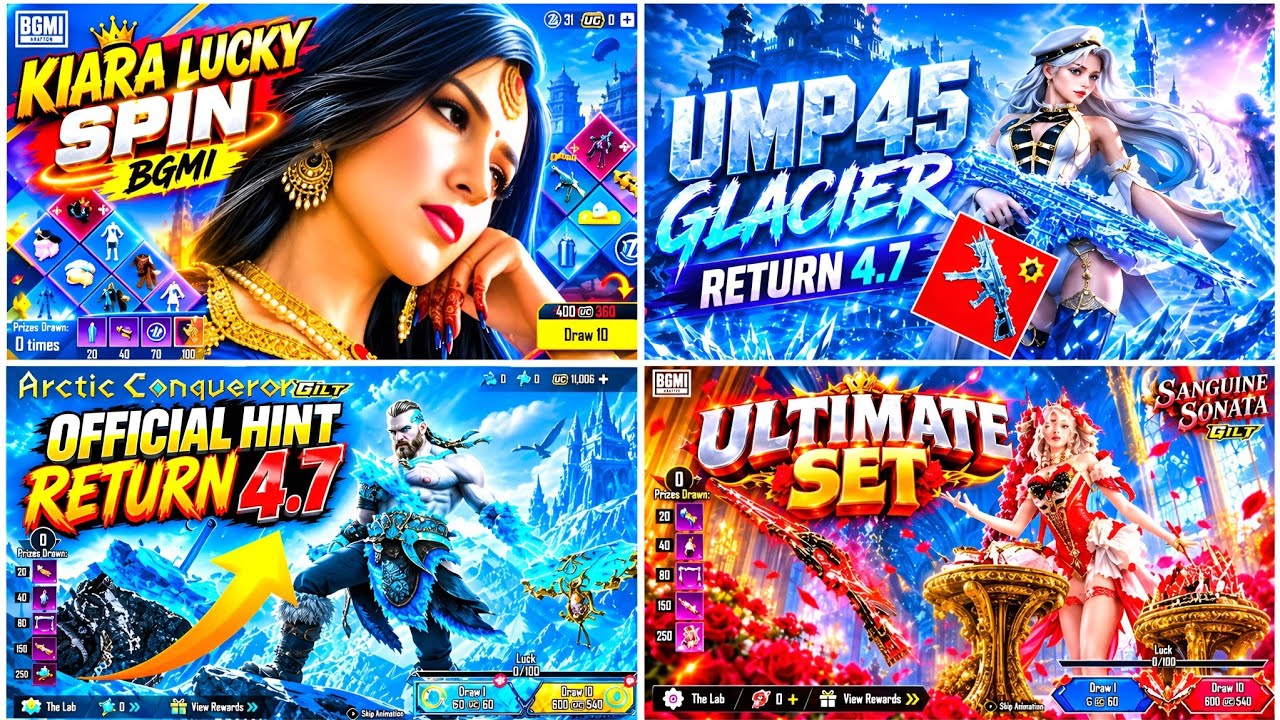 KIARA LUCKY SPIN BGMI | UMP45 GLACIER RETURN | 4.6 ULTIMATE SET LEAKS UZI GLACIER OFFICIAL HINT 4.7