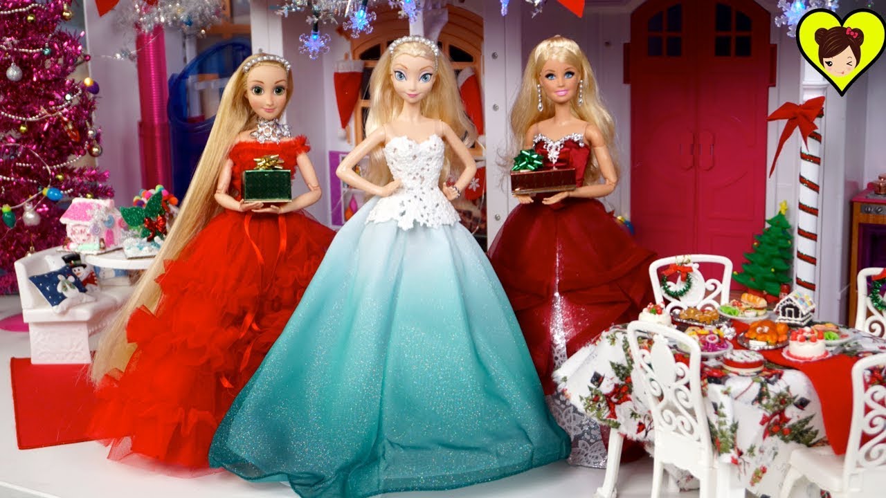 Especial de Navidad con Barbie Elsa Rapunzel y sus Vestidos de Gala