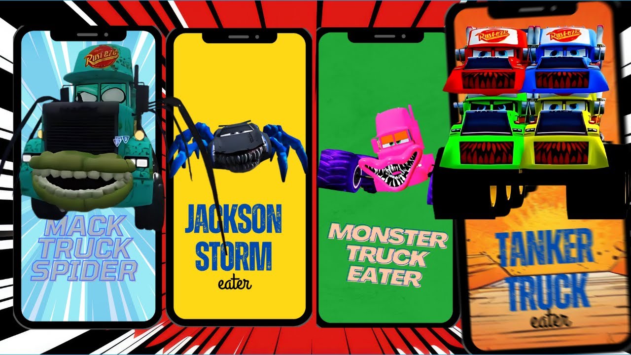 Mack truck spider vs Jakson Storm eater vs Monster truck eater vs Tanker truck eater edm