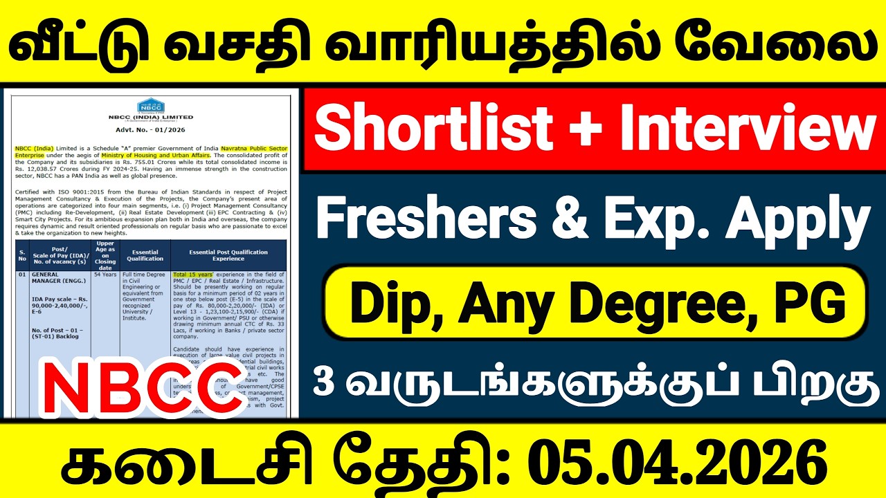 NBCC Recruitment 2026 🔥 Shortlist + Interview | 55 Government Jobs 2026 | Ministry of Housing Dept