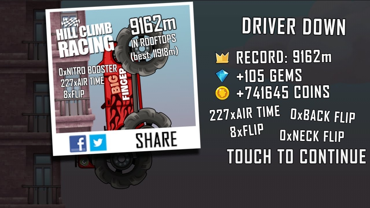Hill Climb Racing ‐ Big Finger on Rooftops 9162m