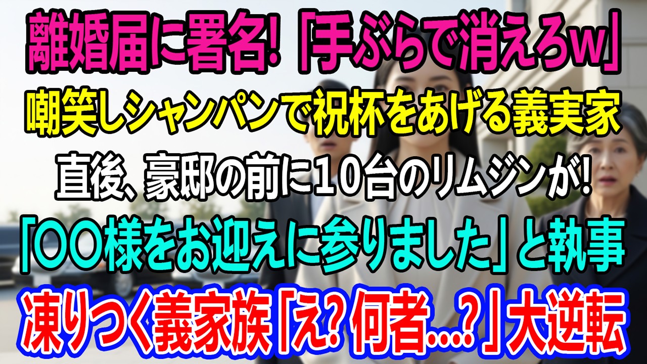 離婚届に署名した直後、義家族は『手ぶらで出ていった！』とシャンパンで乾杯。だが1秒後、10台のリムジンが屋敷の前に止まり――『○○様をお迎えに上がりました』その場が凍りついた。