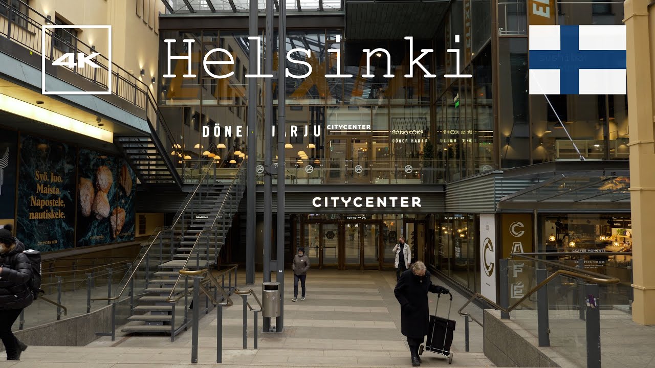Helsinki, Finland 4k city center walk. Cloudy winter pov day tour.
