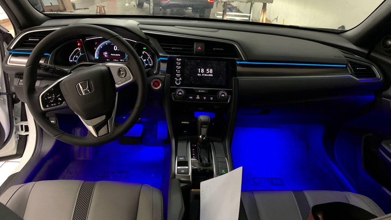 Honda Civic Turbo 2020 2021 Instalamos Soleiras Leds e Neon Azul Painel Portas e Maçanetas AutoABA