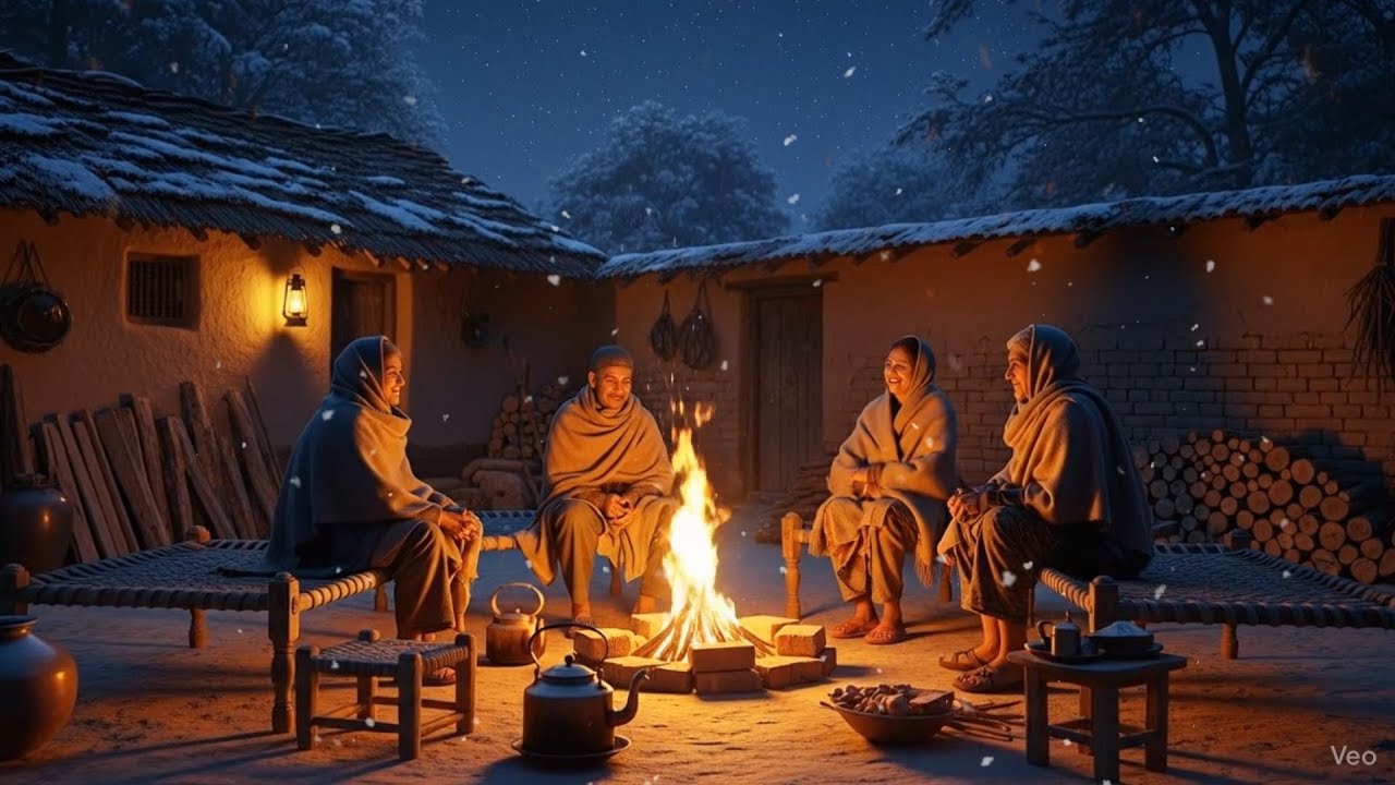 Cozy Village Night by the Bonfire 🔥 Winter Ambience & Relaxing Jazz Music for Study & Sleep