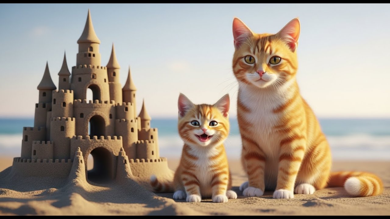 Mama Cat and Ginger Visit the Seaside to Build a Sandcastle for the Tiny Crabs #cat #ginger