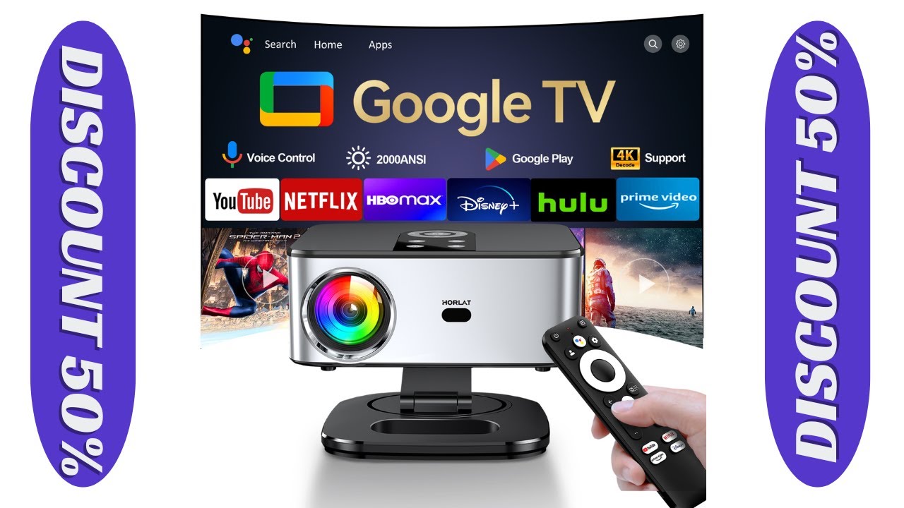Horlat Google TV Projector 2000ANSI Voice Control Auto Focus Android WiFi 6 4K UHD Home Theater