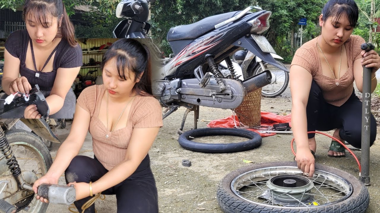 Full video: repair techniques, replace motorbike parts, daily work of a repair girl.