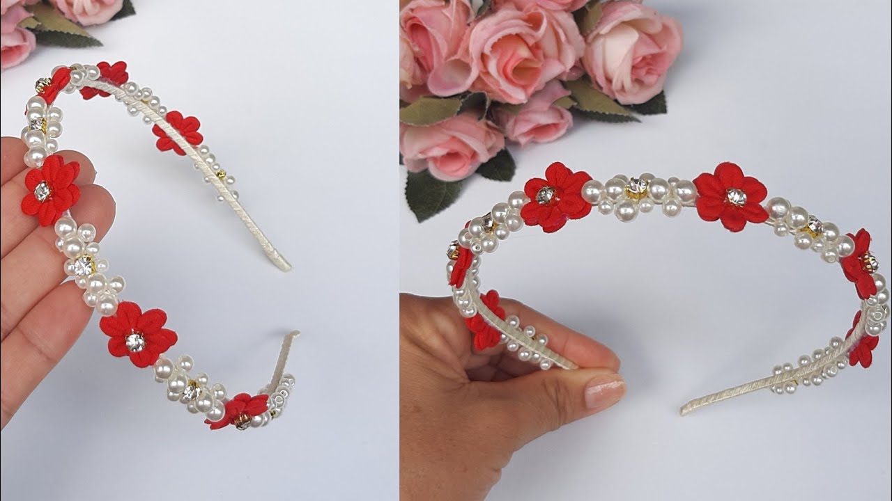 Tiara bordada de pérolas com florzinha 3D/fácil e delicada