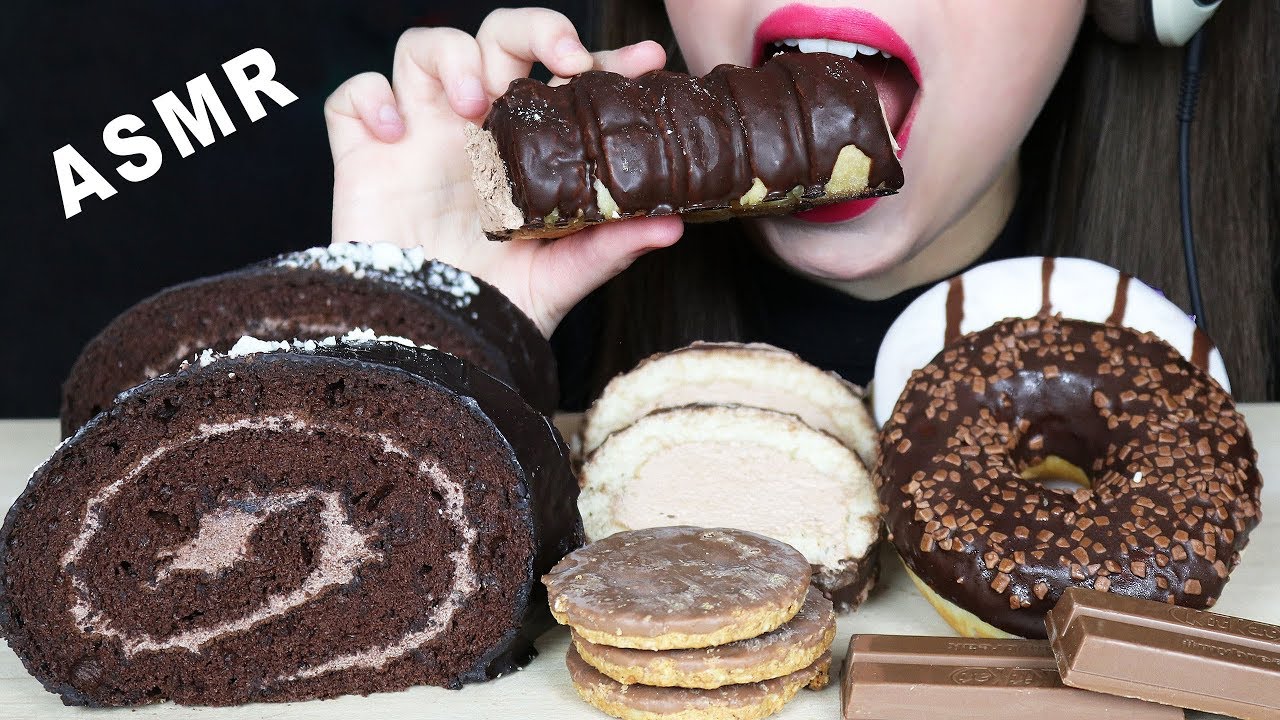ASMR MAXI CHOCOLATE SWISS ROLL, DONUTS & CREAM STUFFED PUFF PASTRY (EATING SOUNDS) No Talking
