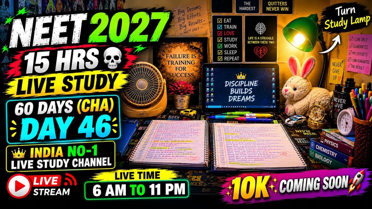 📚 NEET 2027 STUDY MARATHON | 15 HOURS LIVE | Focus Mode ON 🔥STUDY WITH ME DAY 46 #studywithme #neet