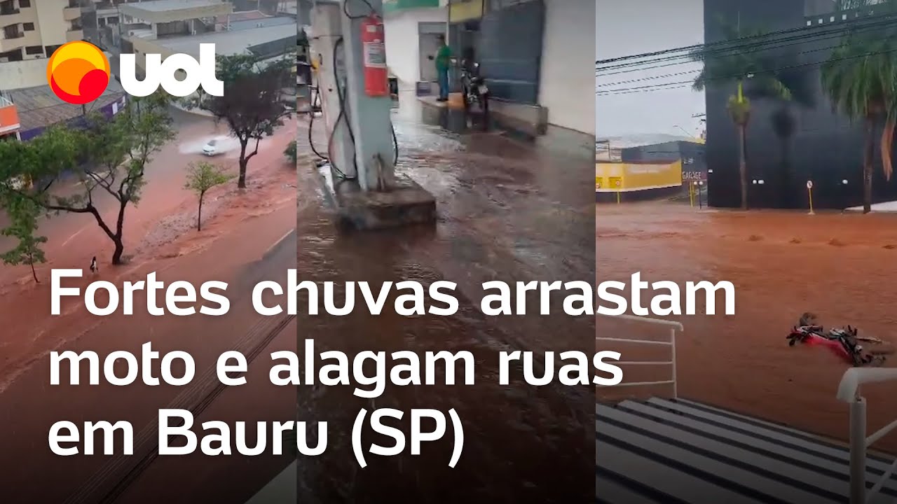 Chuva arrasta motocicleta, alaga ruas e atrapalha o trânsito em Bauru, São Paulo; veja vídeos