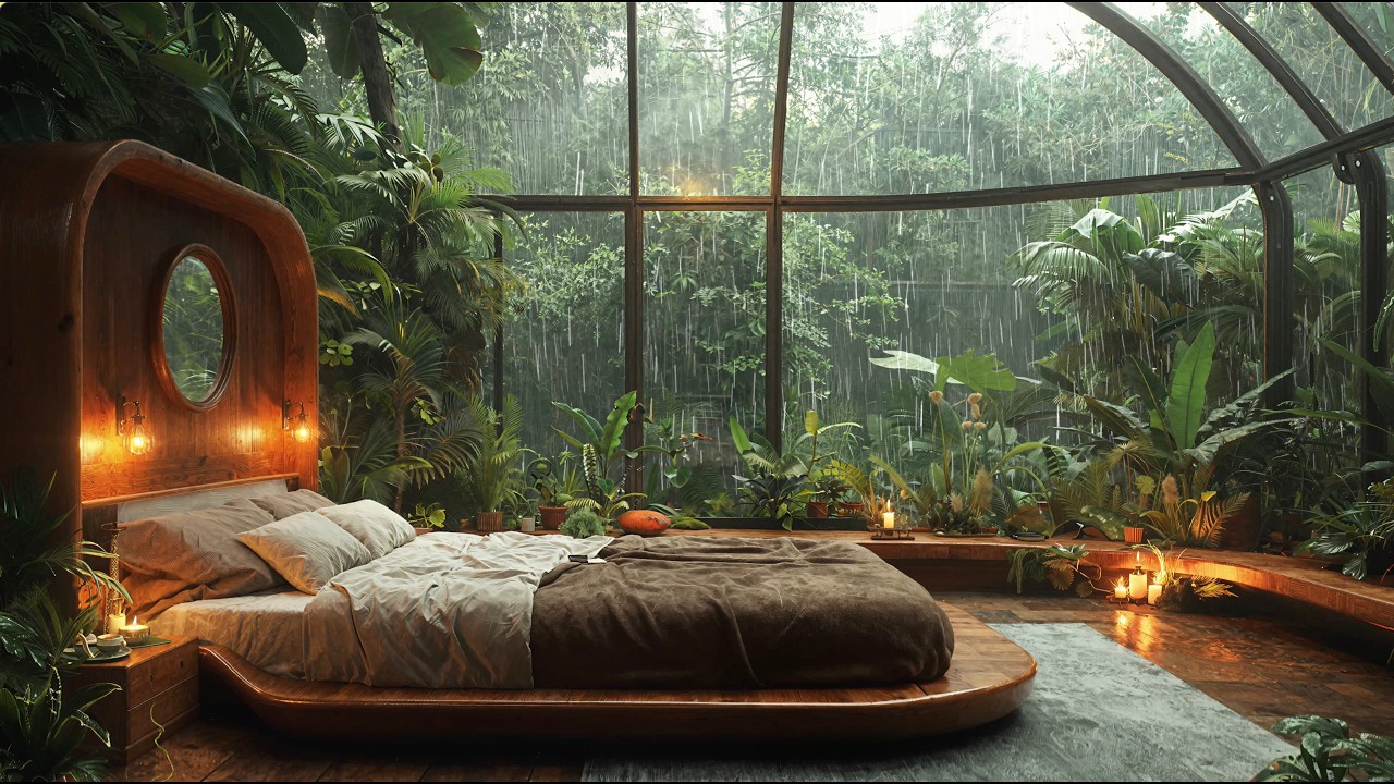 Rain Sounds for Sleeping 24/7 | Greenhouse Bedroom with Rain on Glass for Deep Sleep