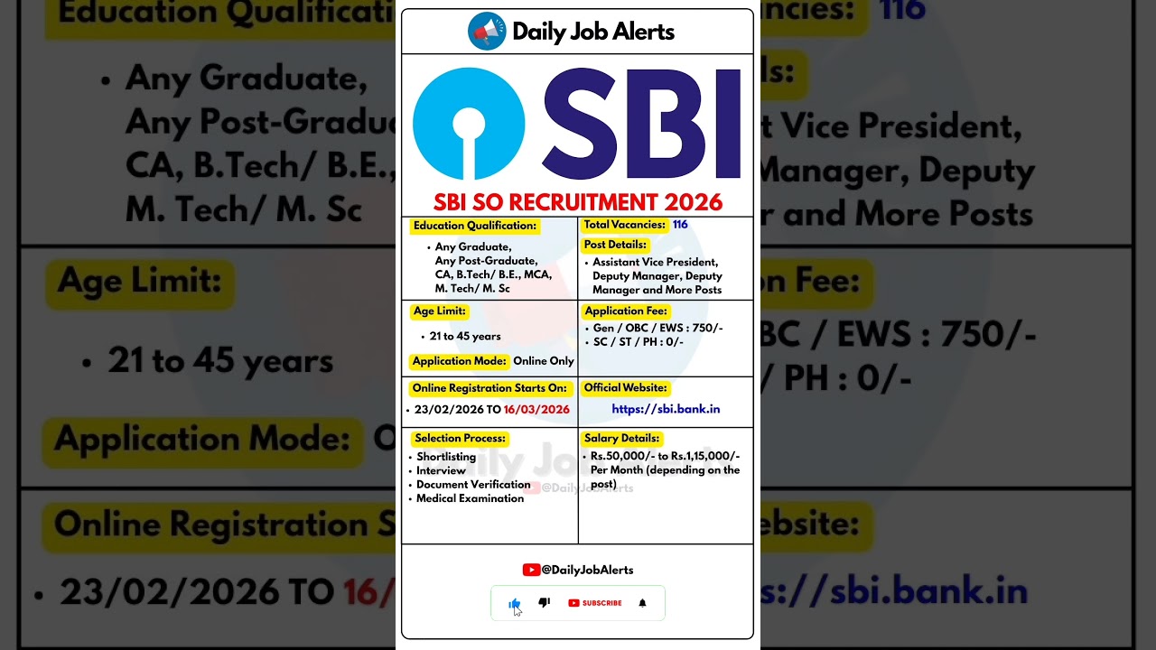 SBI SO Recruitment 2026 | New Vacancy 2026 | Daily Job Alerts #shorts