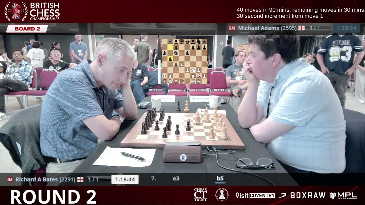 Board 2 - Round 2 - IM Richard Bates VS GM Michael Adams | 2026 British Chess Championships &ndash; Live