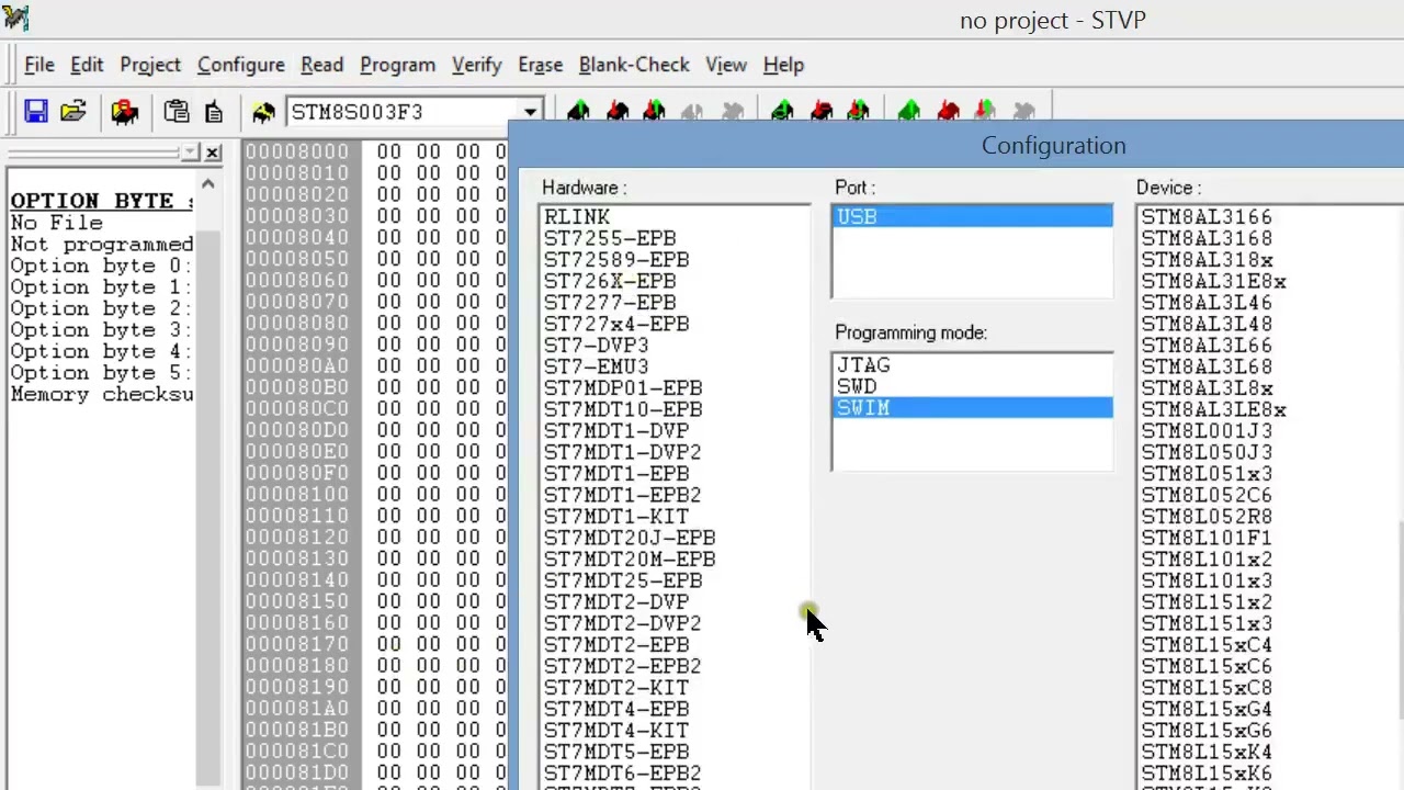 how to burn hex file  to stm8s003f3p6 microcontroller using stvp software and stlink v2