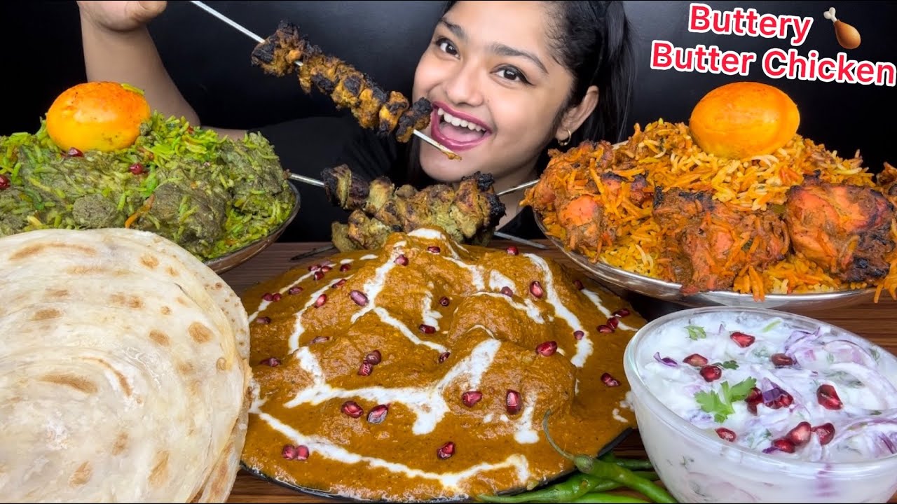 BUTTER CHICKEN 🍗 CHICKEN TIKKA BIRYANI AND MUTTON HYDERABADI BIRYANI WITH CHICKEN KEBABS | MUKBANG