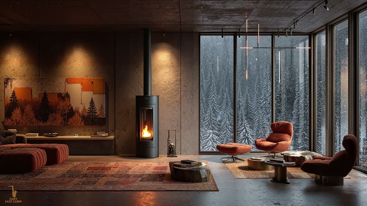 Calm Winter Retreat – Luxury Cabin Fireplace & Gentle Saxophone Jazz for Relax & Study