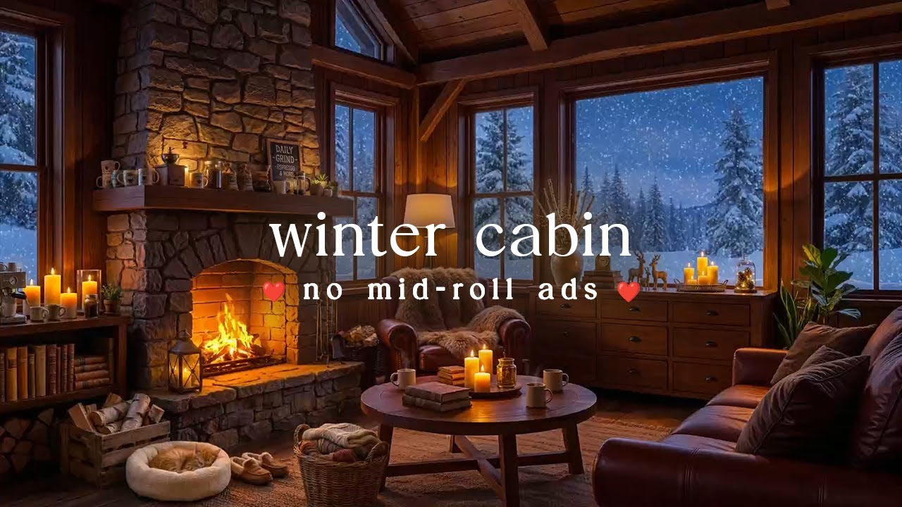☕ Warm Cabin Jazz (NO MID-ROLL ADS) – Fireplace Ambience for Focus & Relaxation