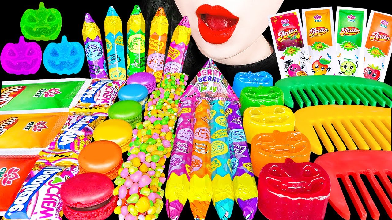 ASMR RAINBOW DESSERTS 다양한 무지개 디저트 먹는 색연필 해외 간식 디저트먹방 EDIBLE PENCIL JELLY GUMMY EATING SOUNDS MUKBANG
