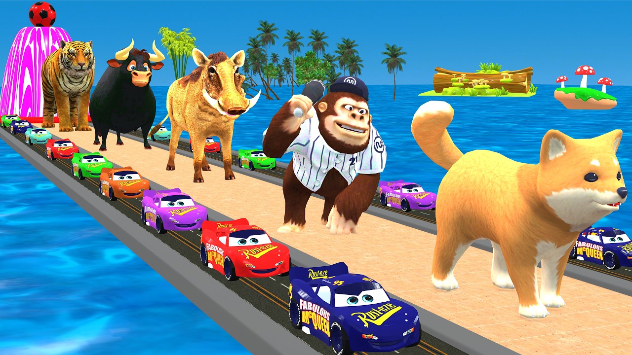 Long Slide Game with Dinosaur Lion Cow Hippopotamus Gorilla 3d Animal Game Funny 3d Animals