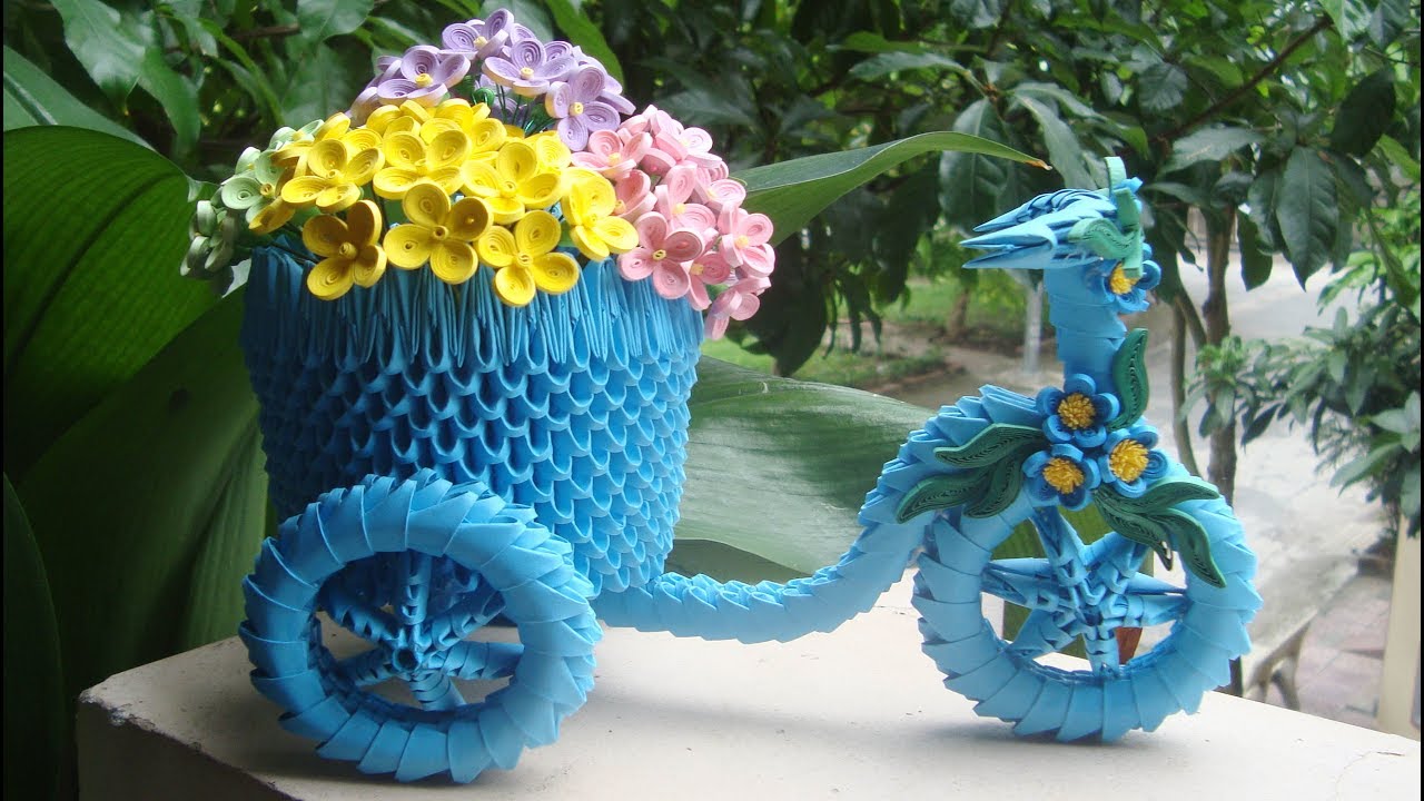 How To Make 3D Origami Tricycle Flower Basket | tutorial de cesta de flores de triciclo de papel