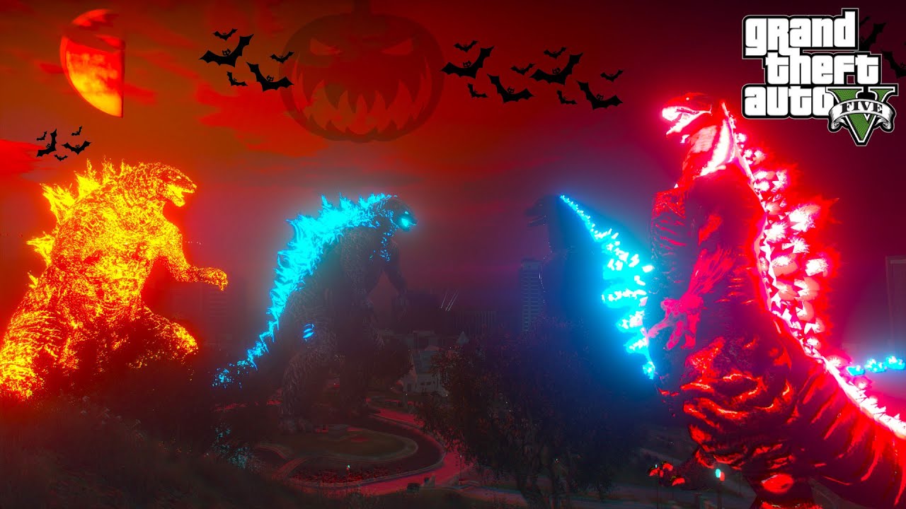 Godzilla and Nuclear Godzilla vs Shin Godzilla and Heisei Godzilla Halloween Battle - GTA V Mods