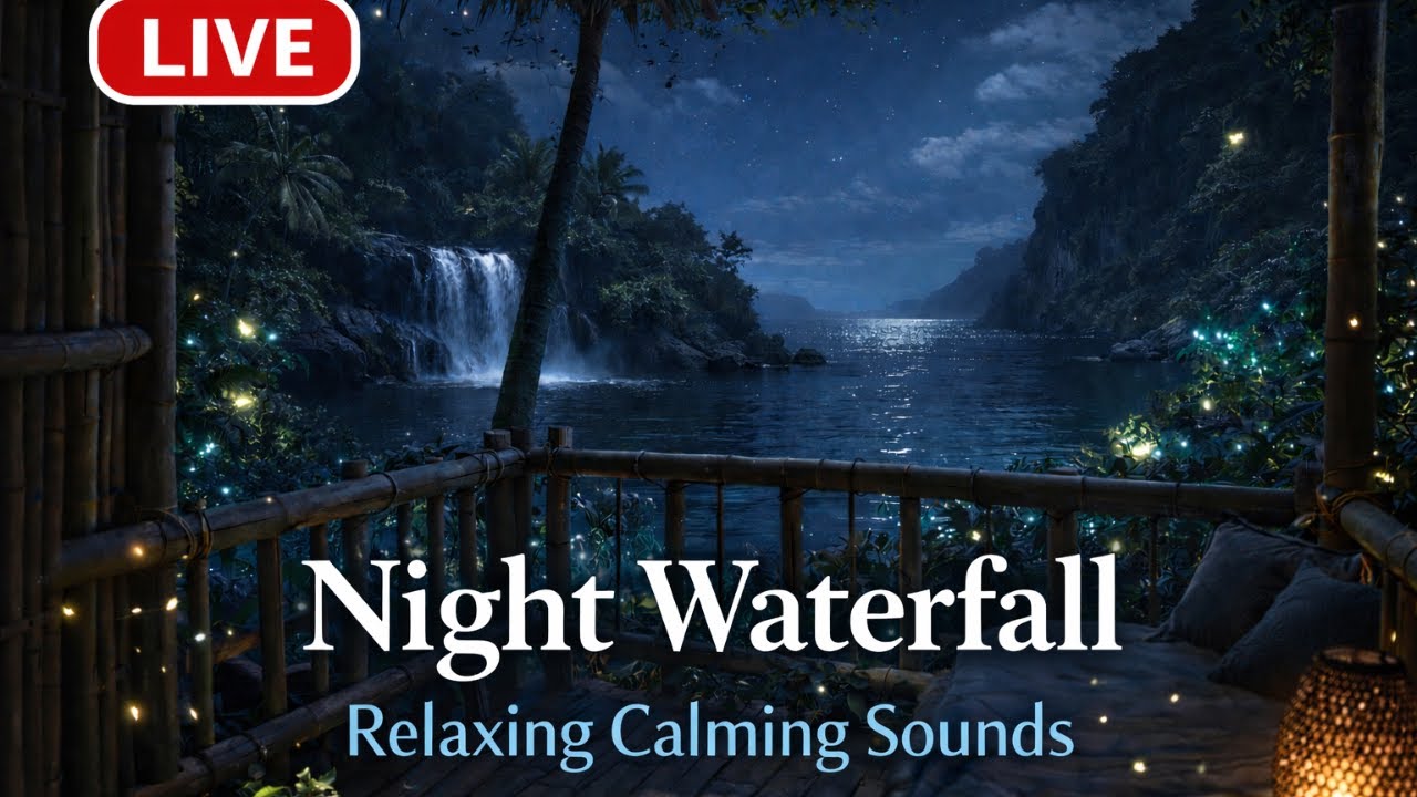 Night Waterfall 🌊 11 hour Bamboo Treehouse Ambience | Relaxing Water Sounds for Sleep or Focus