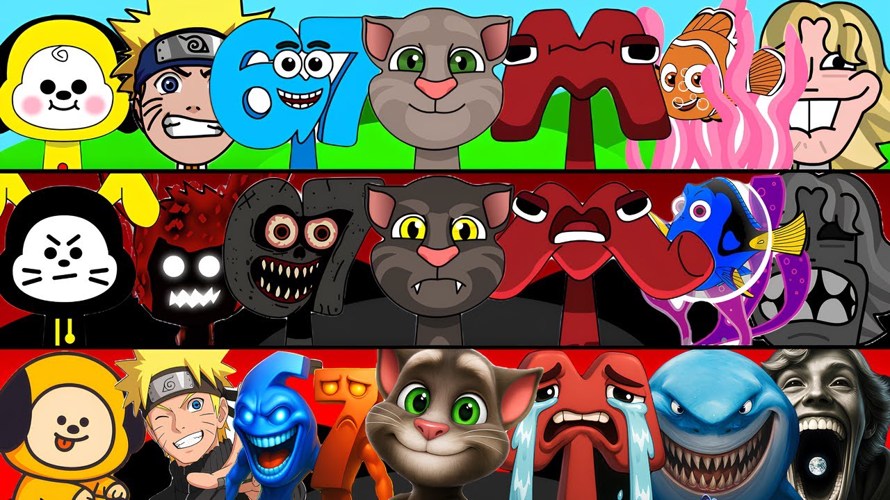 Incredibox Sprunki OC Phase 1 to Phase 3 Talking Tom, M (Alphabet Lore), Finding Nemo, 67, Naruto