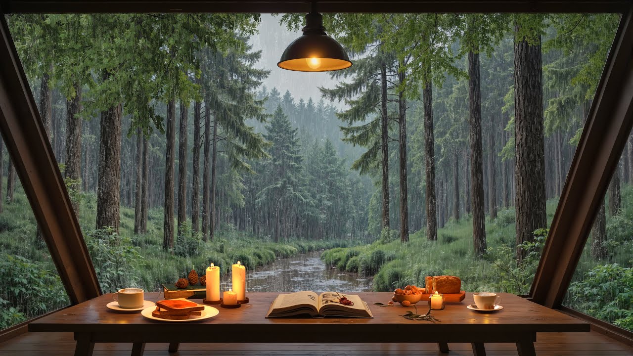 🎶 Cozy Jazz in the Rain 🌧️ Warm Forest Cabin, Candlelight & Peaceful Reading Ambience