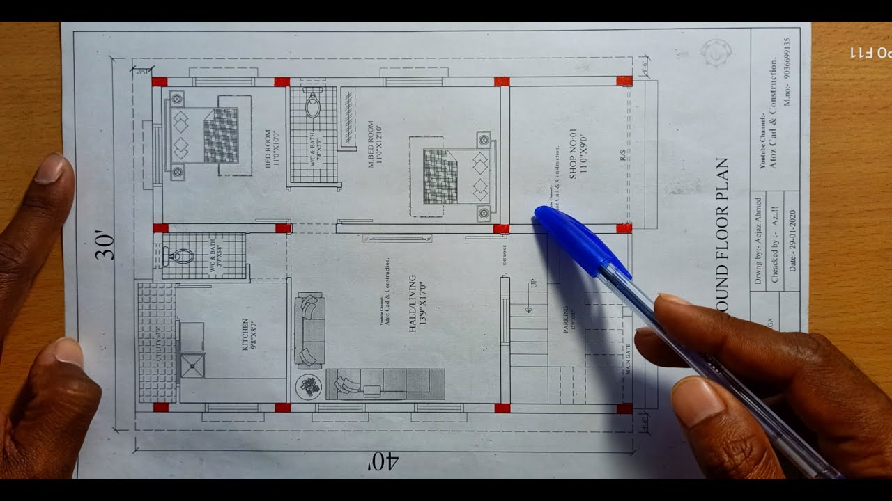 30'x40' 2bhk +1 Shop House Plan With Column Location