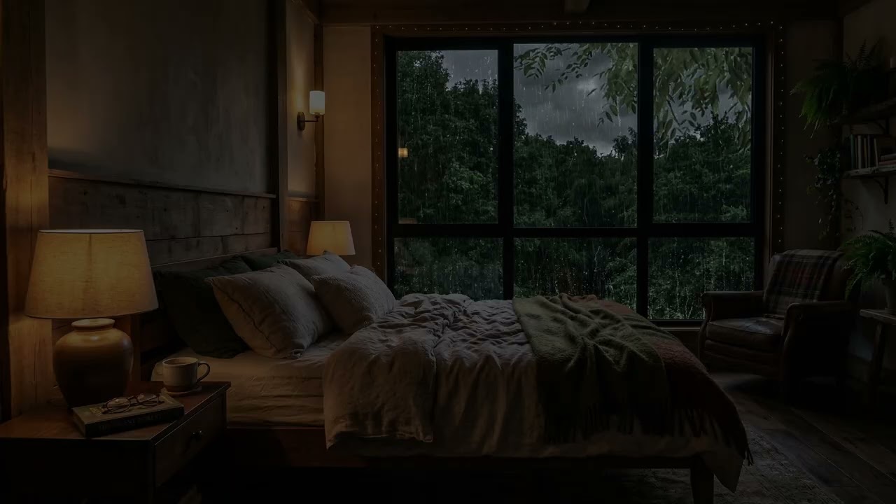 Gentle Rain 🌧️ Drifting Past A Cozy Bedroom Window While Tall Pines 🌲 Fade Into Mist