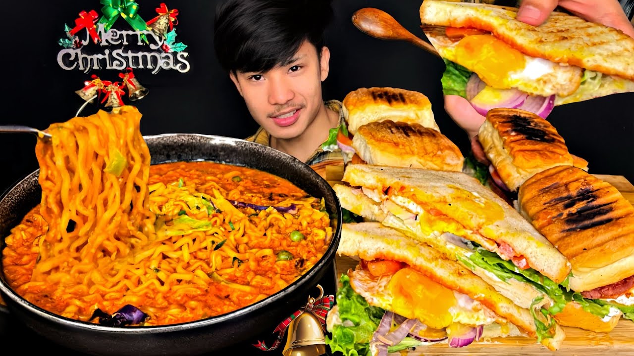Spicy 3x Current Noodles🔥With Sandwiched🥪 | MUKBANG |