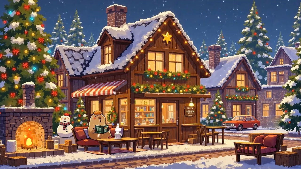 Cozy Street Coffee Shop Ambience with Winter Lofi Chill & Fireplace❄️lofi beats to study/work/ relax