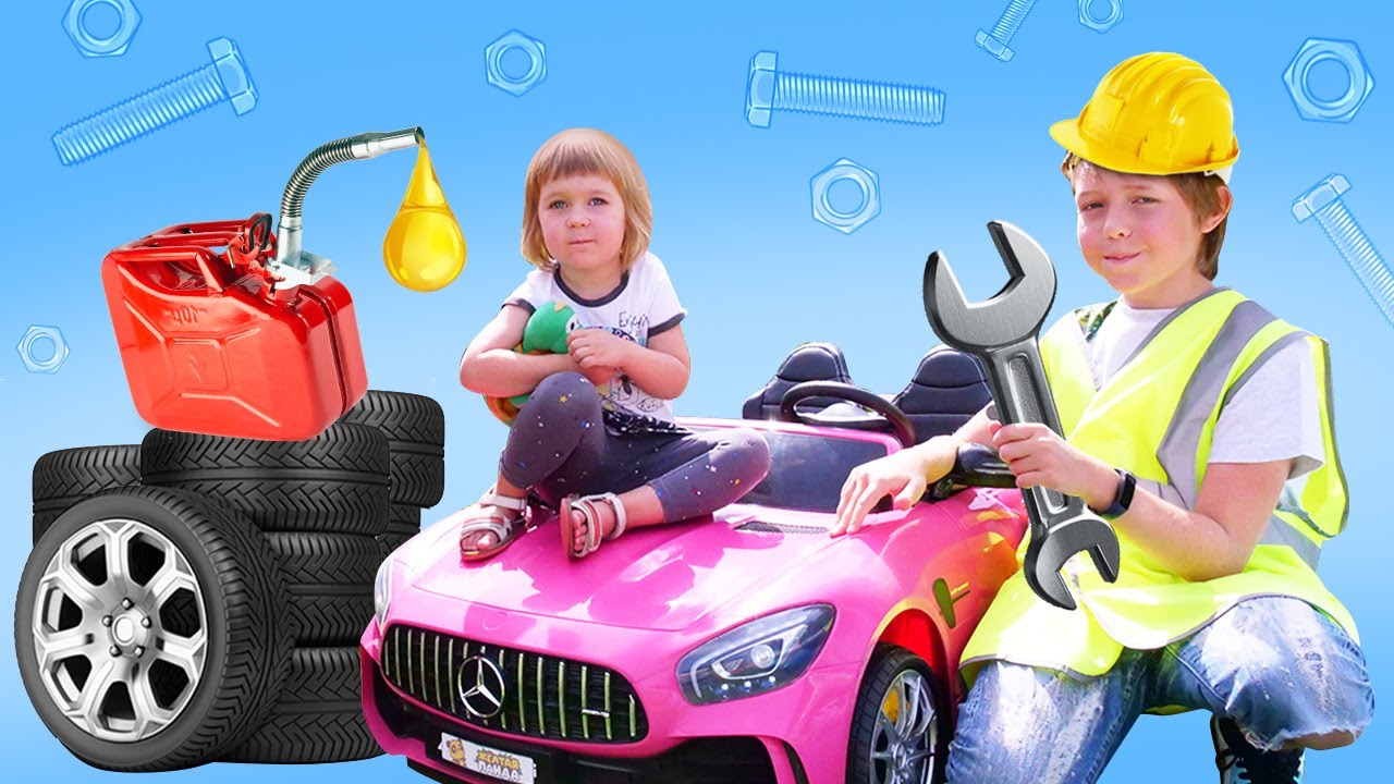 Bianca guida una macchina per bambini e va dal meccanico! Video per bimbi - impara giocando
