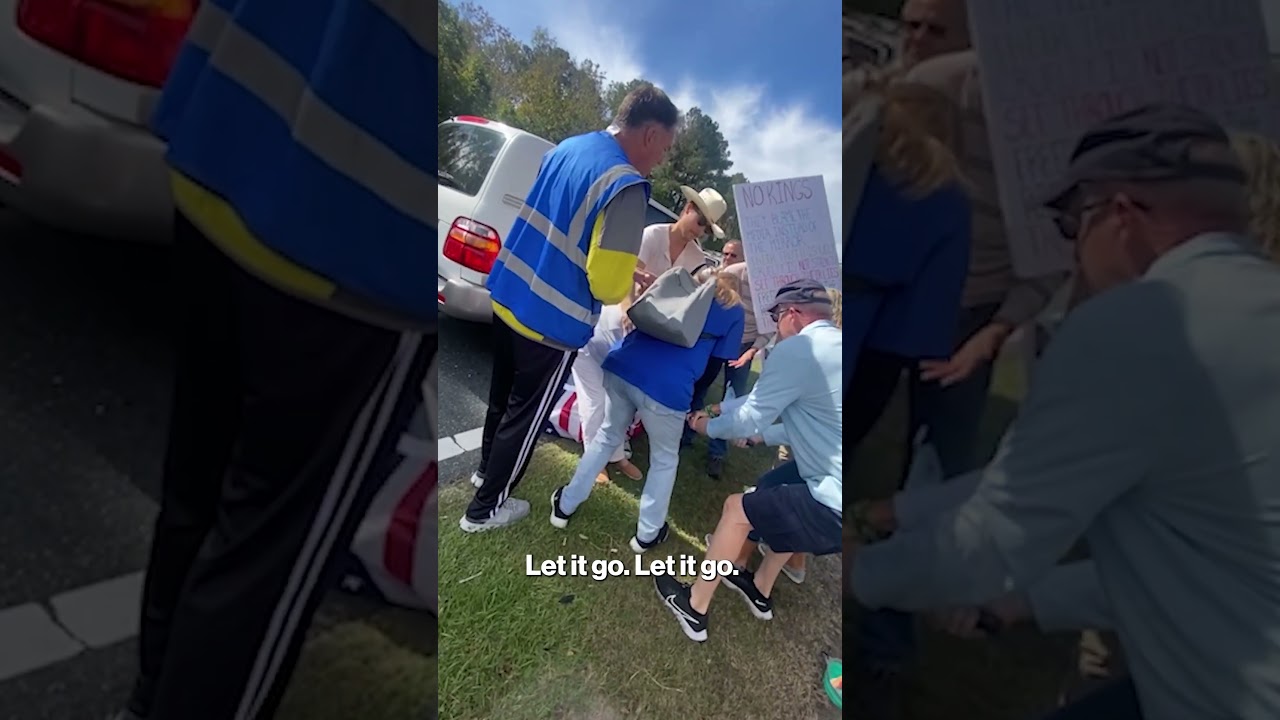 Wild Moment Woman Tries to Steal Flag from 'No Kings' Protesters & is Charged with Assault #shorts