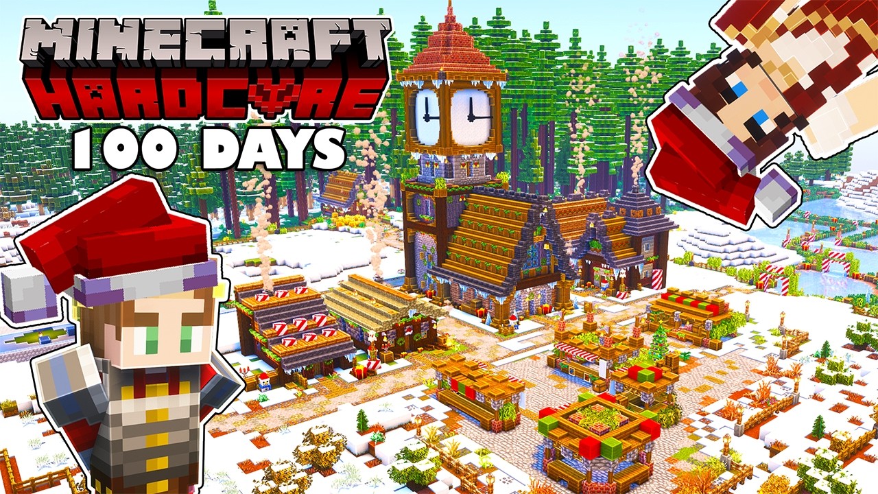 100 Days Building a CHRISTMAS VILLAGE with my WIFE in Minecraft Hardcore!