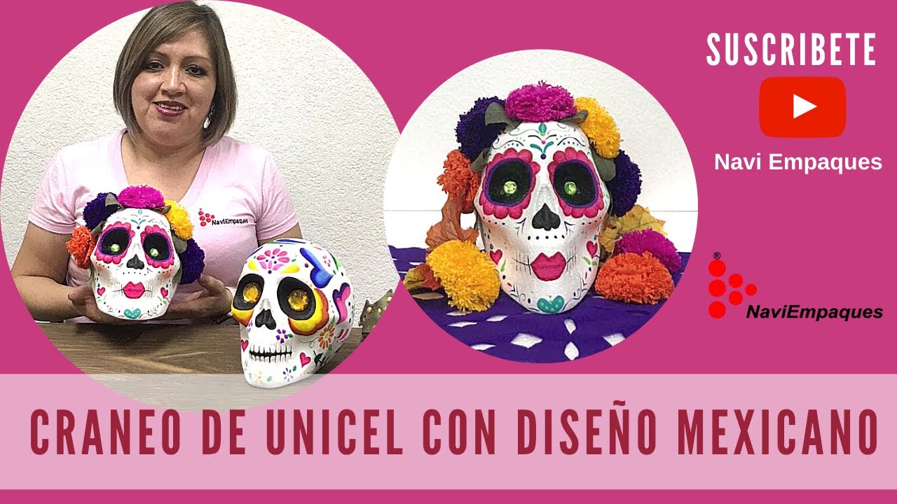 Cráneo de Unicel con diseño Mexicano. NaviEmpaques