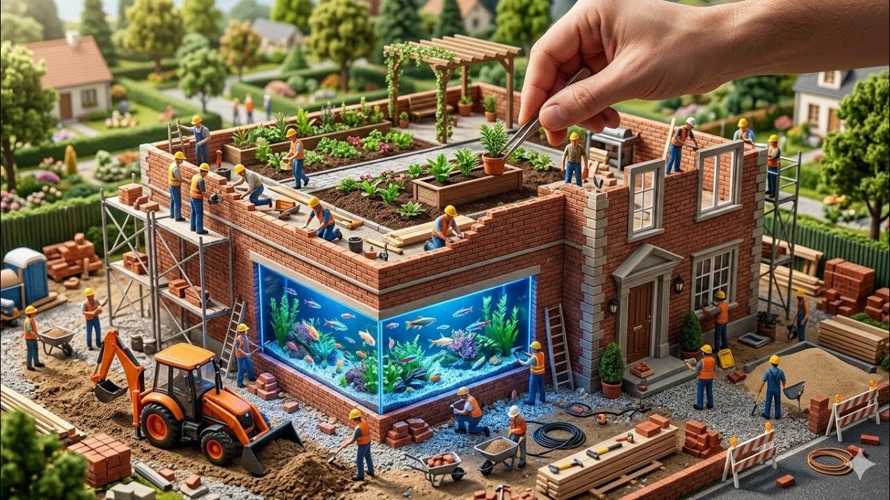 Mini Tractor Builds Amazing Brick House with Aquarium Wall | DIY Mini Construction 