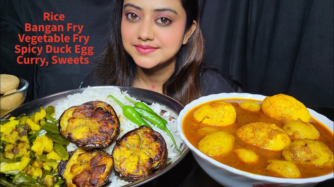 ASMR EATING Rice, Bangan Fry, Vegetable Fry, Spicy Duck egg curry, Sweets | Mukbang | Big Bites 