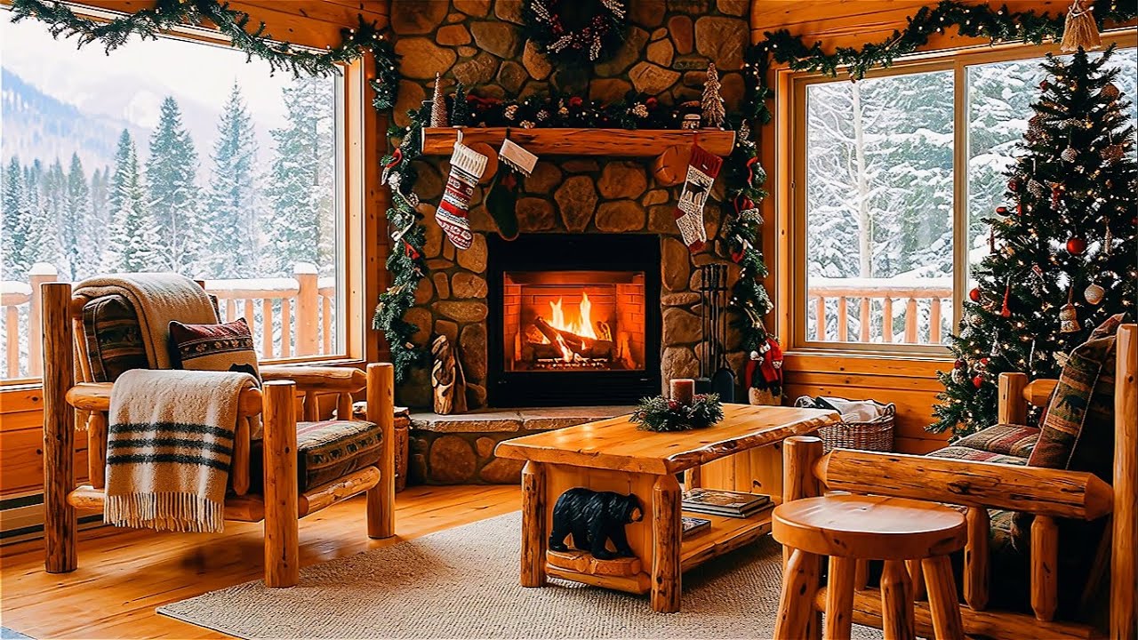 Snowy Forest Cabin at Night 🌲 Fireplace Ambience & Relaxing Music