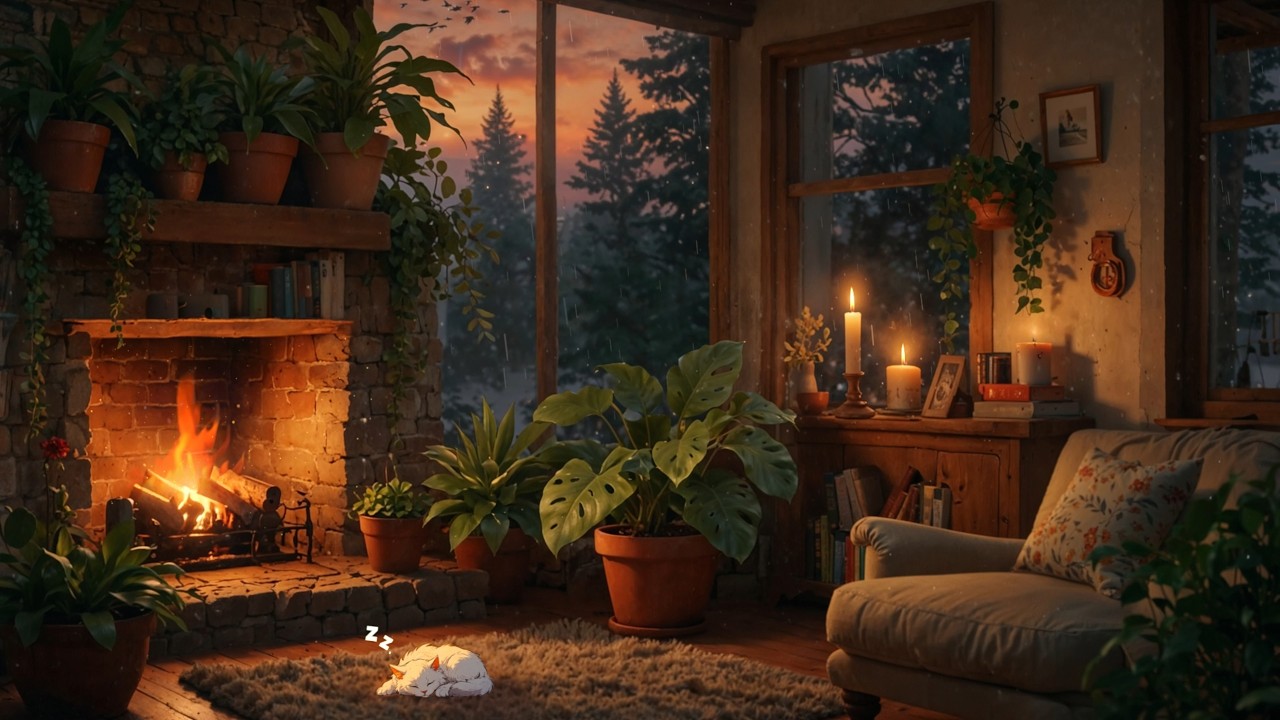 Rain & Fireplace at Sunset 🌅 Relaxing Lofi Cabin for Deep Sleep
