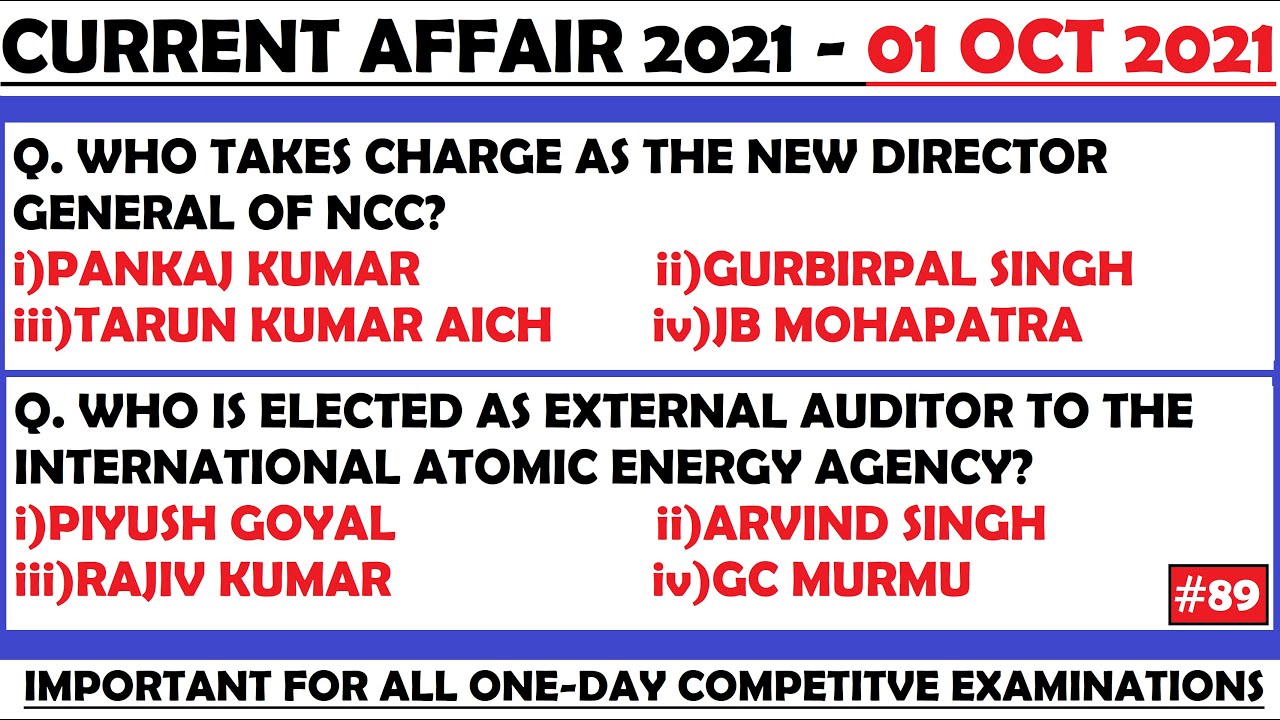 01 Oct 2021 Current Affairs Questions | India & World Current Affairs | Current Affairs 2021 Oct |