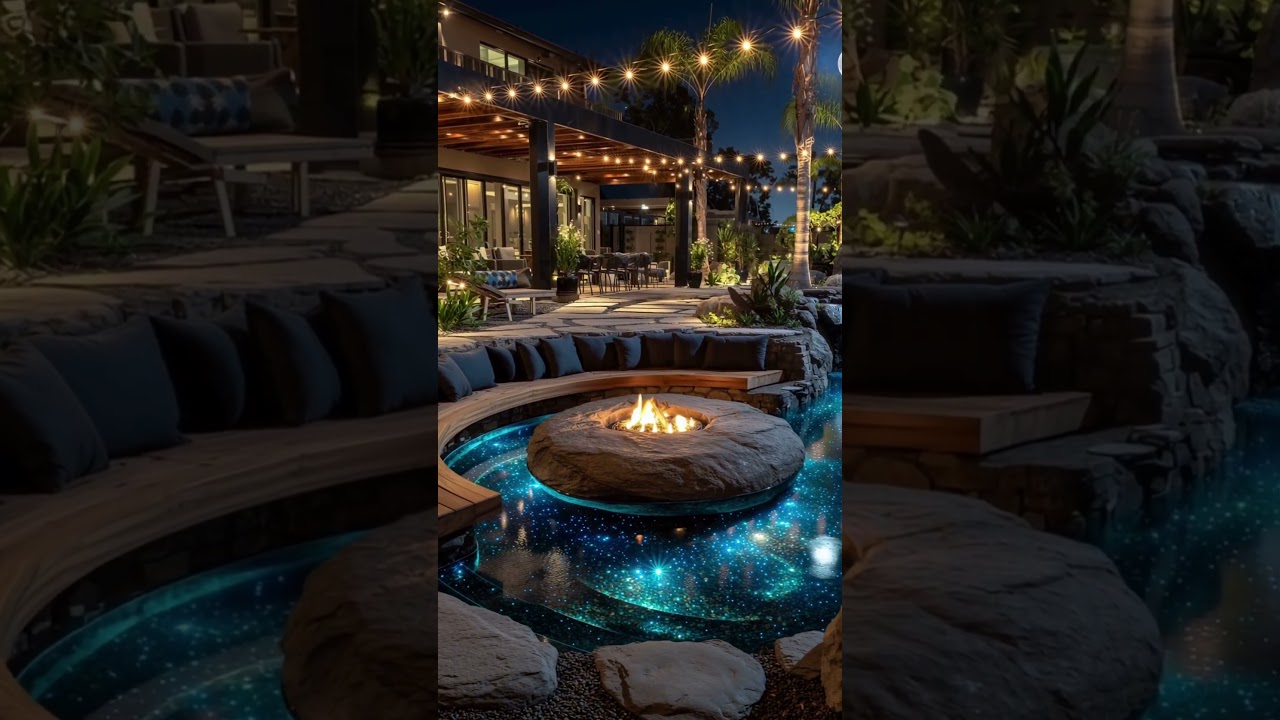 Sunken Firepit Lounge with Starlight Floor & Pool ✨ LA #backyarddesign #firepit #backyardoasis