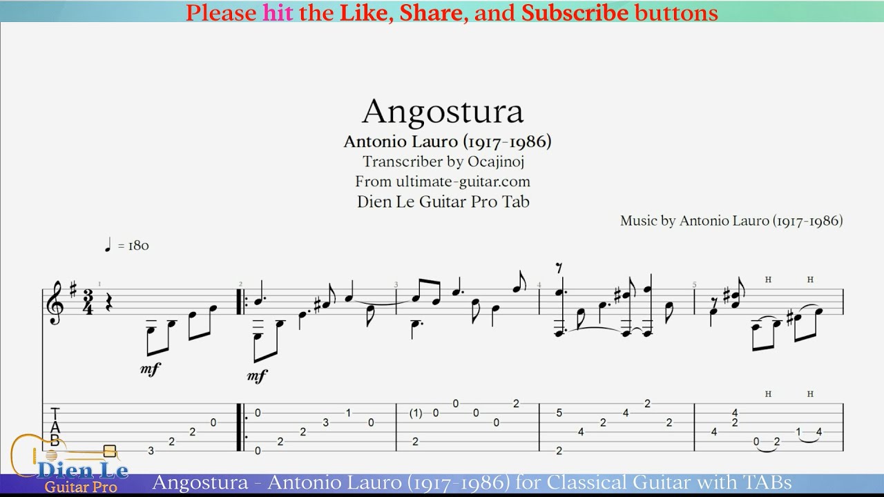 Angostura - Antonio Lauro (1917-1986) for Classical Guitar with TABs
