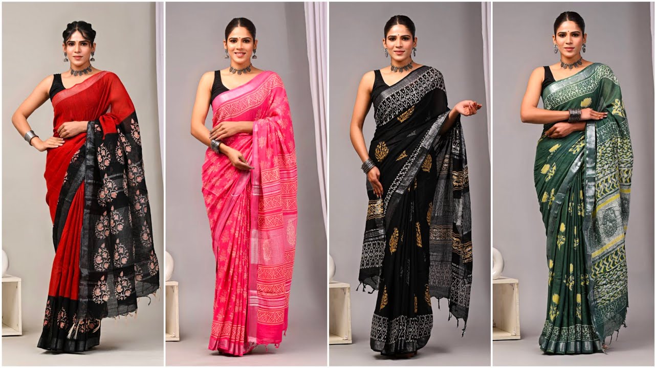 Linen Cotton Sarees Online Shopping | Handloom Linen Sarees | Printed Linen Sarees 