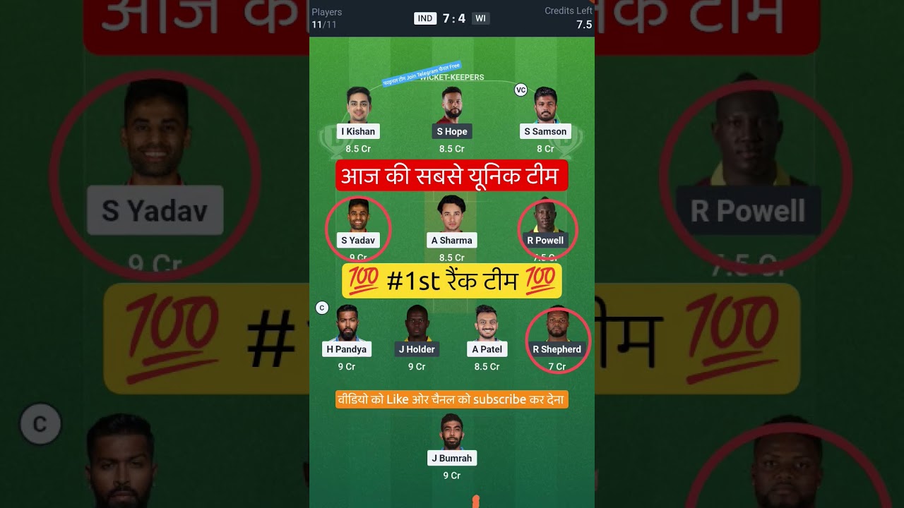 IND VS WI T20 Dream11 Prediction | IND VS WI Dream11 Team Of Today Match | IND VS WI dream11