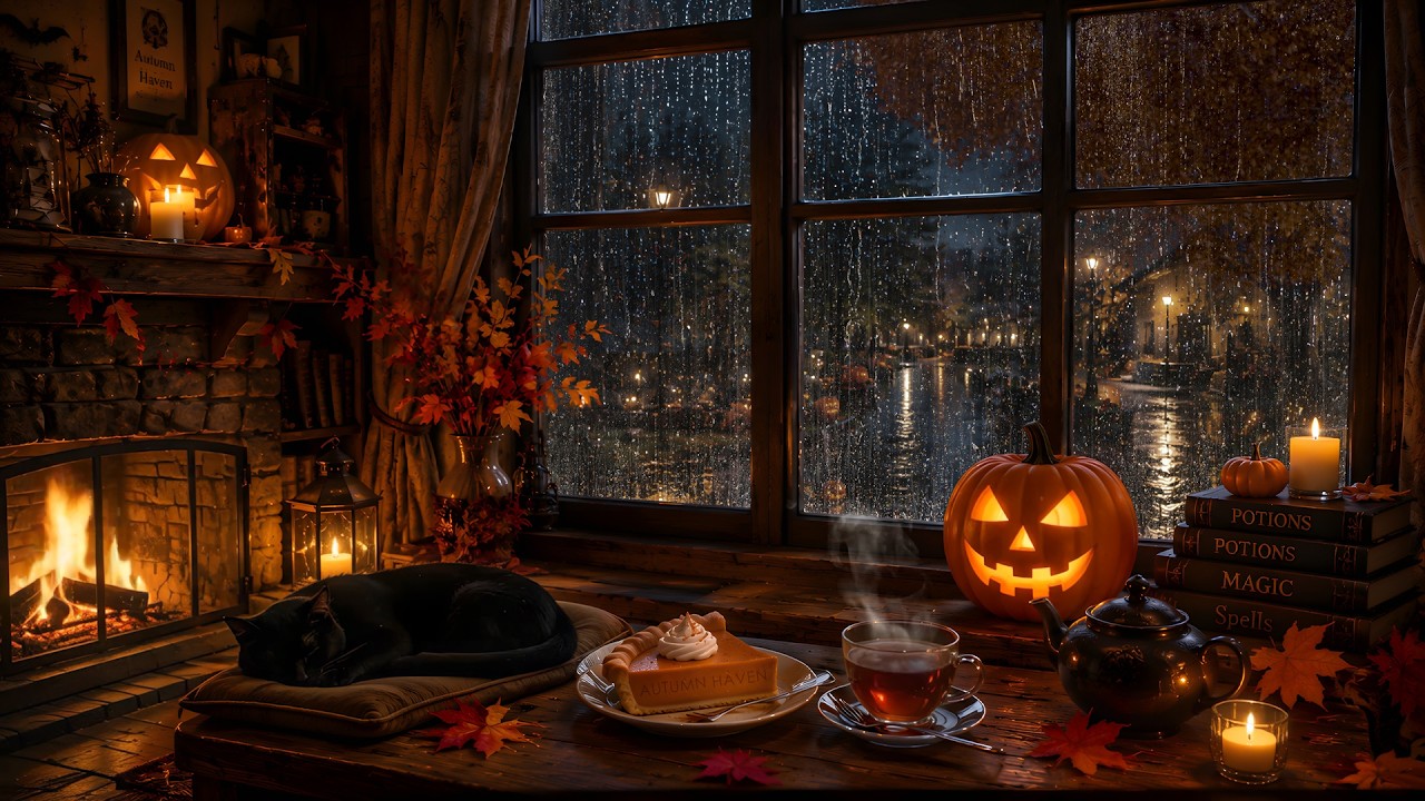 JACK-O-LANTERN HALLOWEEN AMBIENCE - RAIN WINDOW, FIREPLACE CRACKLING, LEAVES AUTUMN, BLACK CAT SLEEP